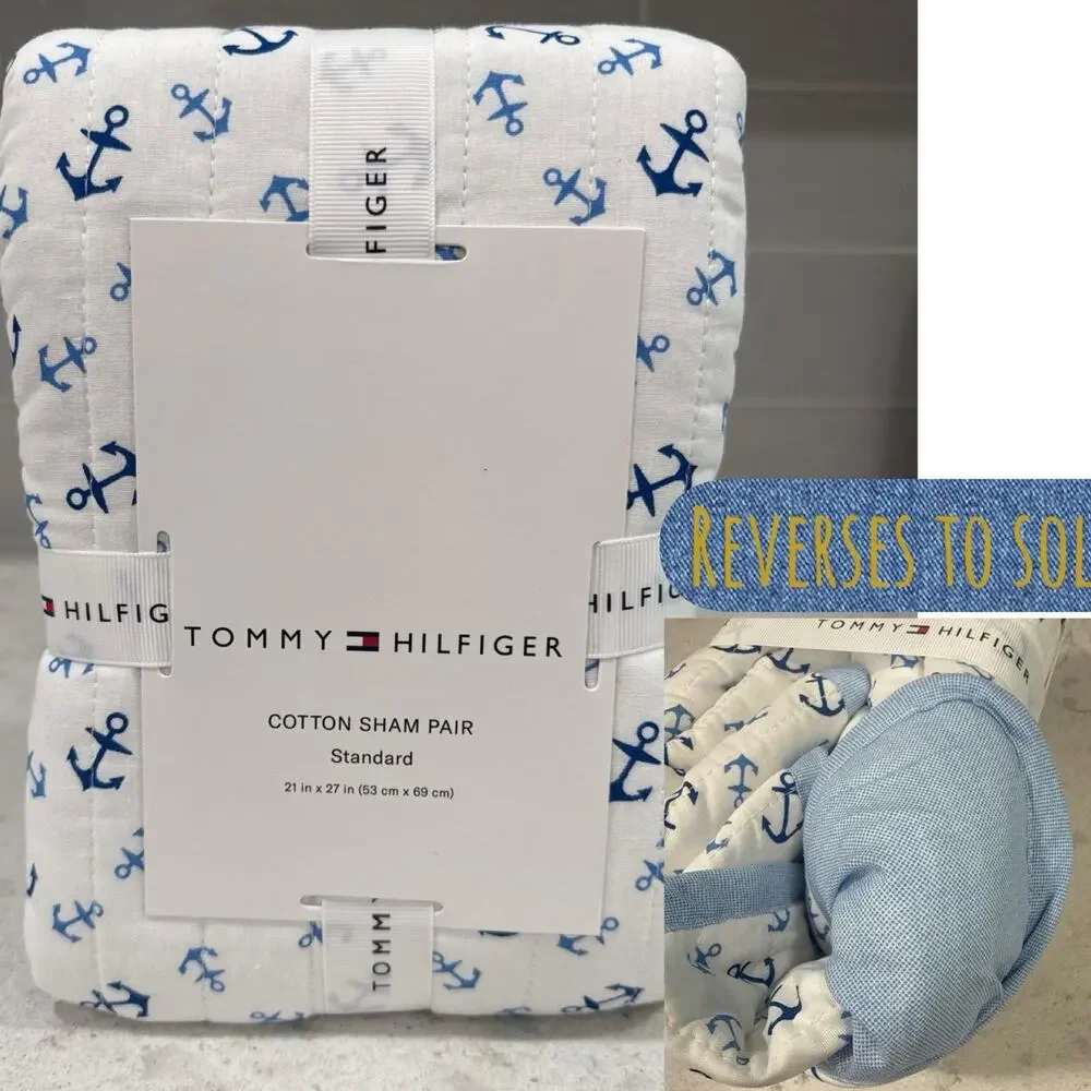 Sham Set 2 Nautical Tommy Hilfiger Anchors / Blue Chambray Reversible Shams NEW